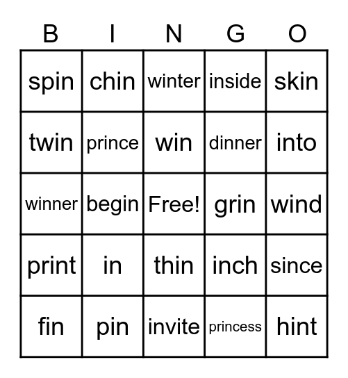 in Word Parts Bingo Card