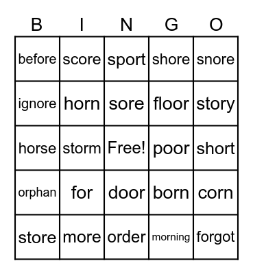 or Word Parts Bingo Card