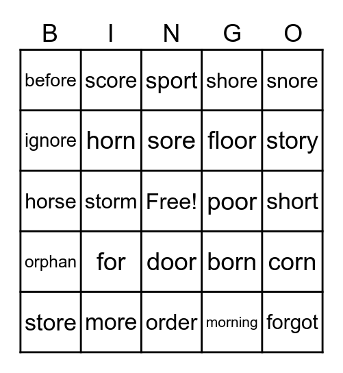 or Word Parts Bingo Card