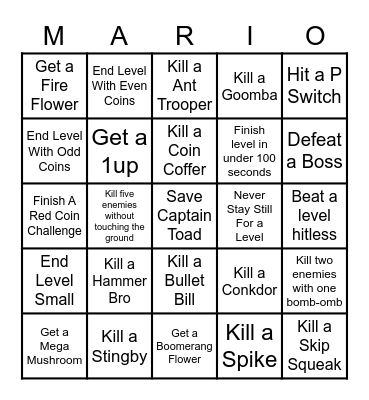 Super Mario 3D World Bingo Card