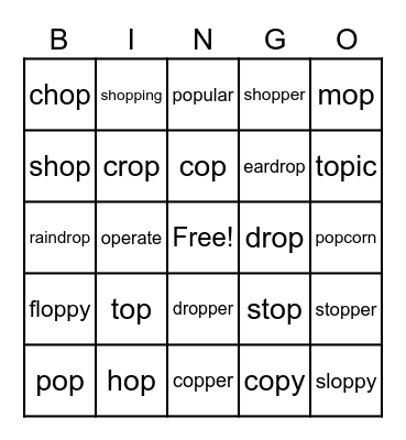 op Word Parts Bingo Card
