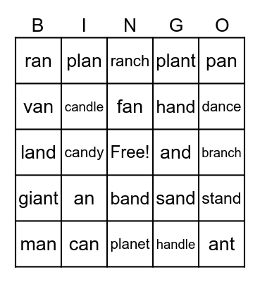 an Word Parts Bingo Card