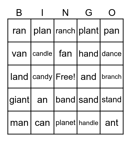 an Word Parts Bingo Card