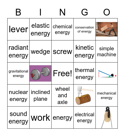 Energy and Simple Machine Vocabulary Bingo Card