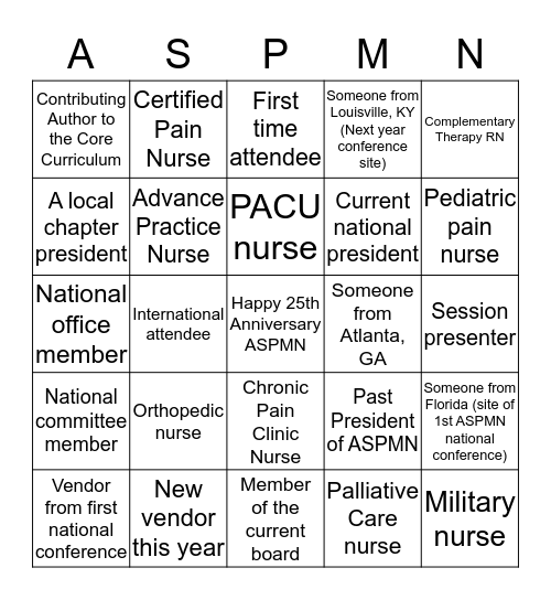 ASPMN 25th Anniversary Celebration Bingo Card