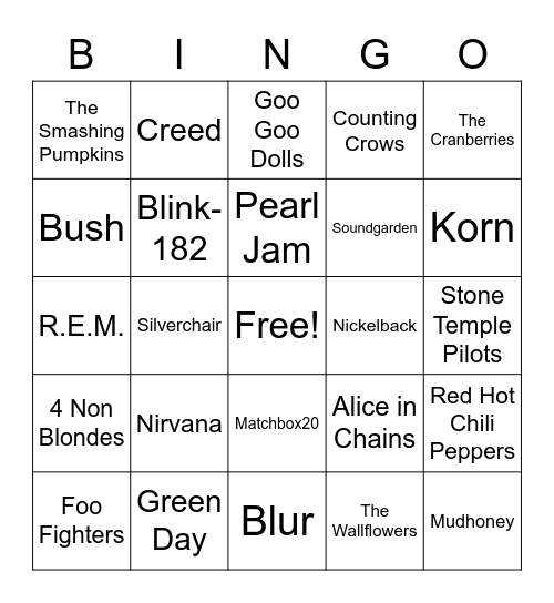 90s Bands Bingo Card