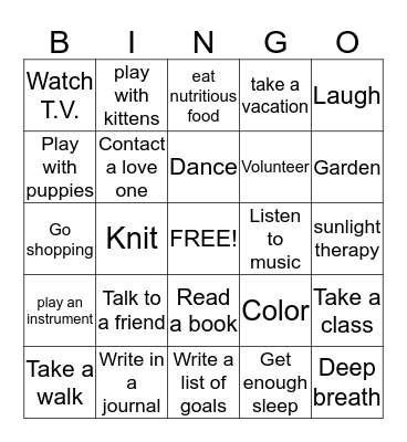 Coping Skills Bingo Card