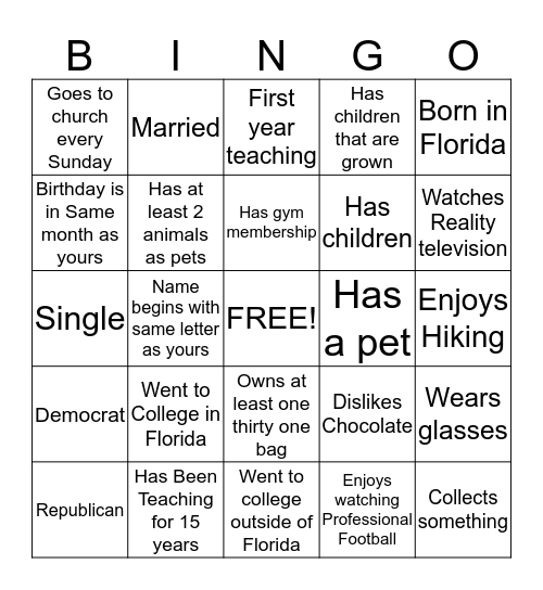 Thirty One Bingo Card