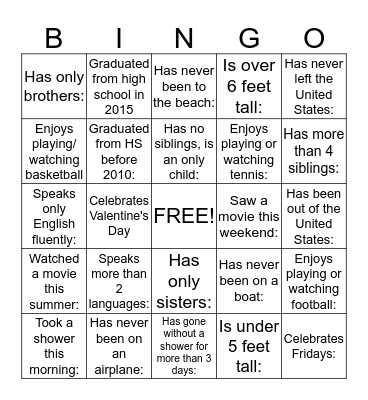 1st Day of Class BINGO Card