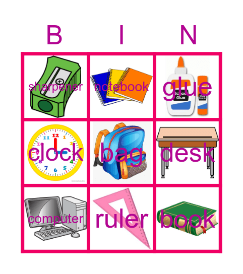 School Object Bingo Card