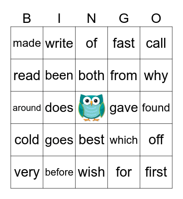 Second Grade Bingo Card