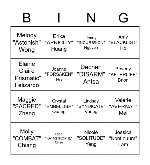 SYZ Bingo Nicknames Bingo Card