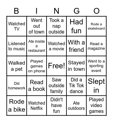 Spring Break Bingo Card