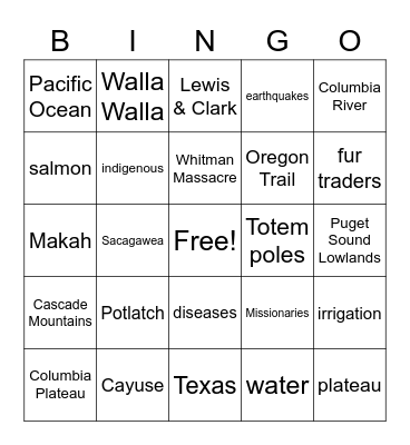 Washington's Beginnings Bingo Card