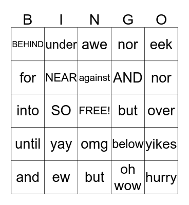 Parts of Speech BINGO Card