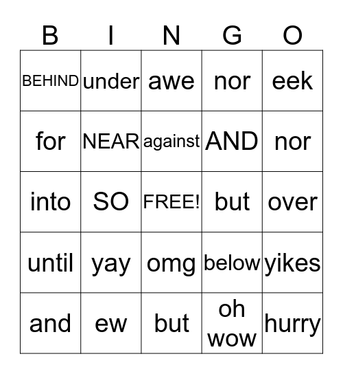 Parts of Speech BINGO Card