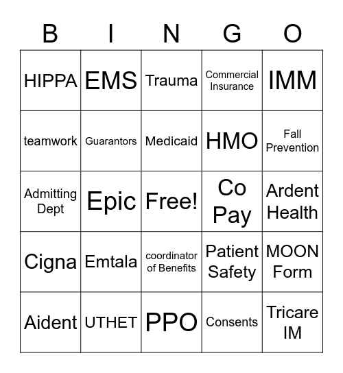Patient Access Representative Bingo Card