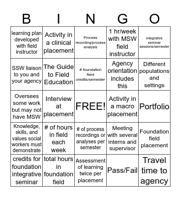 Field Education Bingo Card