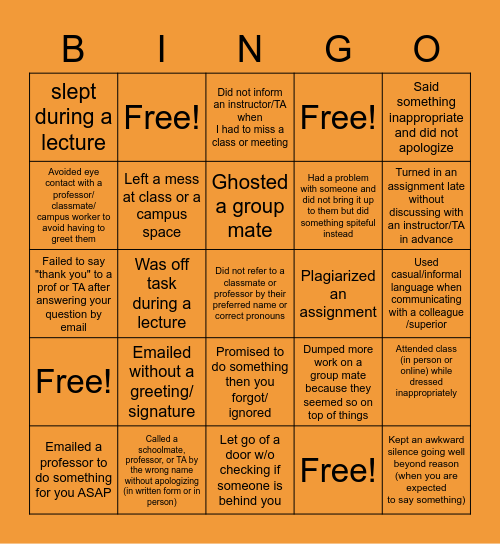 Class Etiquette Bingo Card