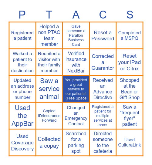 Patient Access Bingo! (PTACS) Bingo Card