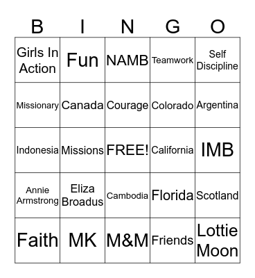 Girls In Action Bingo Card