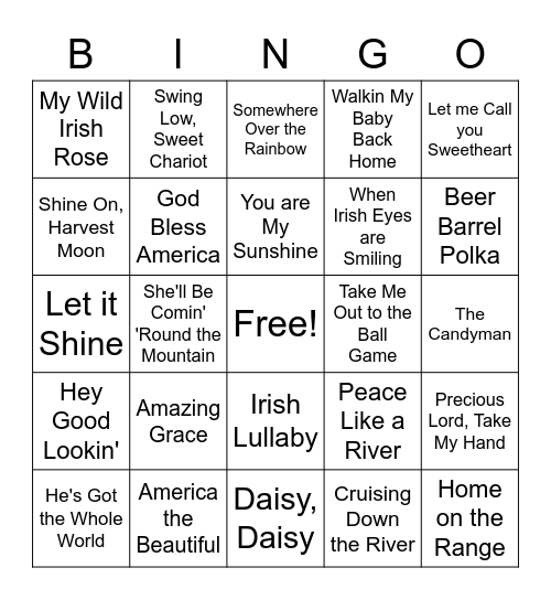 Elder Song Bingo Card