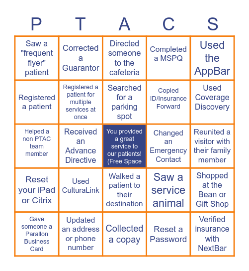 Patient Access Bingo! (PTACS) Bingo Card
