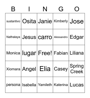 Sustantivos Bingo Card