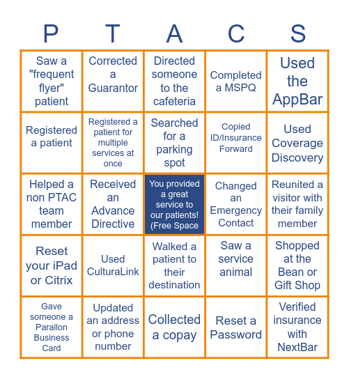 Patient Access Bingo (PTACS) Bingo Card