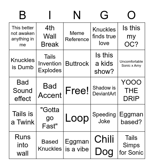 Sonic Boom Bingo Card