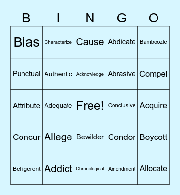 Vocabulary Column 1 Bingo Card