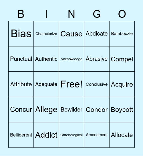 Vocabulary Column 1 Bingo Card