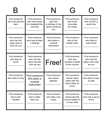 Find a Friend Bingo Card