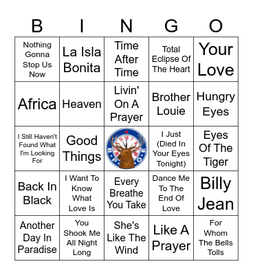 1980's Music Hits Bingo Card
