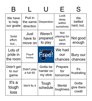 Post-Game Excuse Bingo Card
