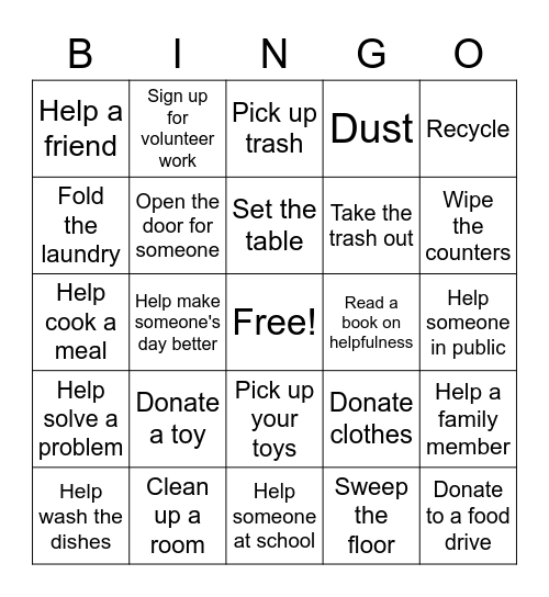 Acts of Helpfulness Bingo Card