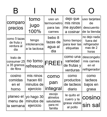 Bingo Comer Bien & Mantenerse Activo Bingo Card