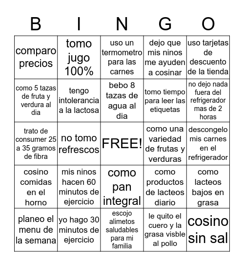 Bingo Comer Bien & Mantenerse Activo Bingo Card