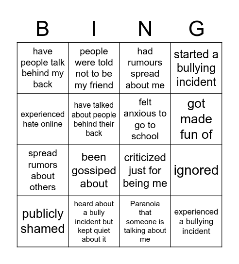 Bully Bingo Card