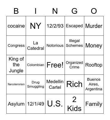Pablo Escobar Bingo Card