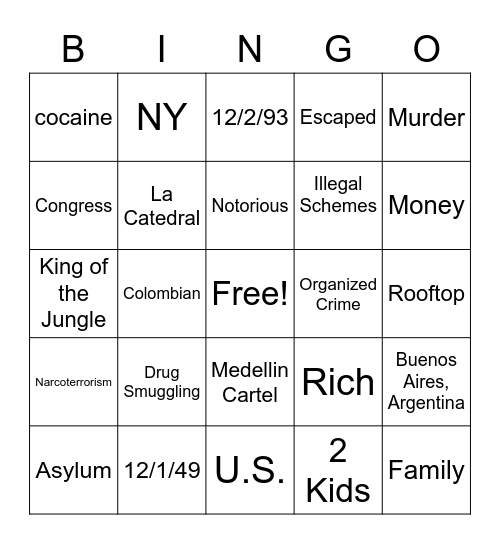 Pablo Escobar Bingo Card