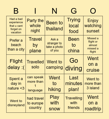 Travel edition Bingo Card