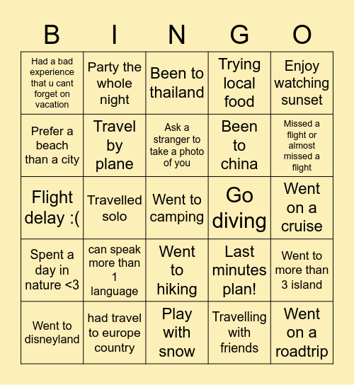 Travel edition Bingo Card