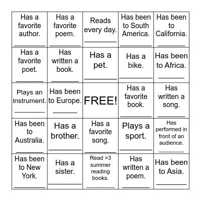 Classmate Bingo Card