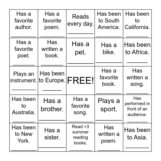 Classmate Bingo Card