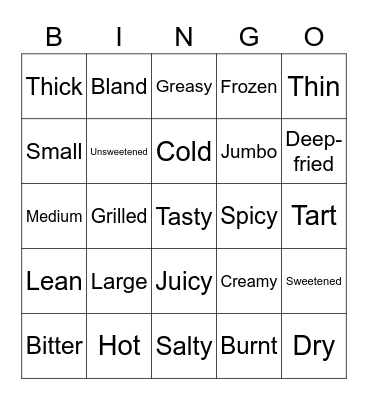 Food Adjectives Bingo Card