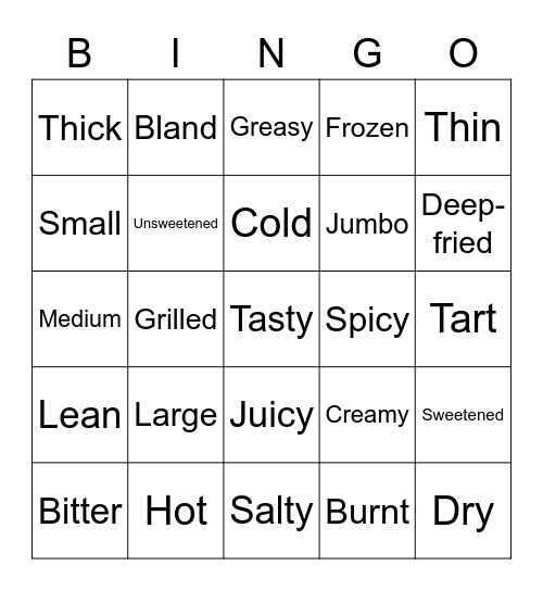 Food Adjectives Bingo Card