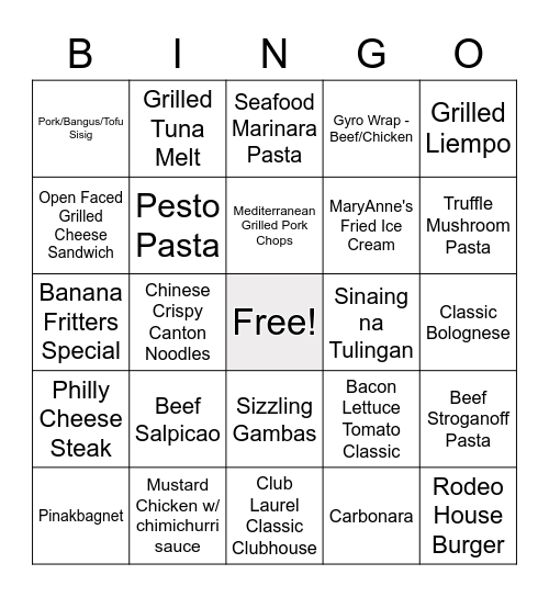 New Menu Bingo! Bingo Card