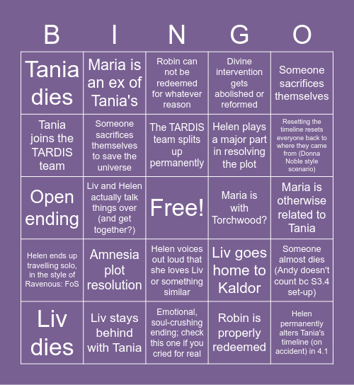 BIG FINISH: STRANDED 4 Bingo Card