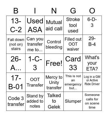 Call Taker Bingo Card